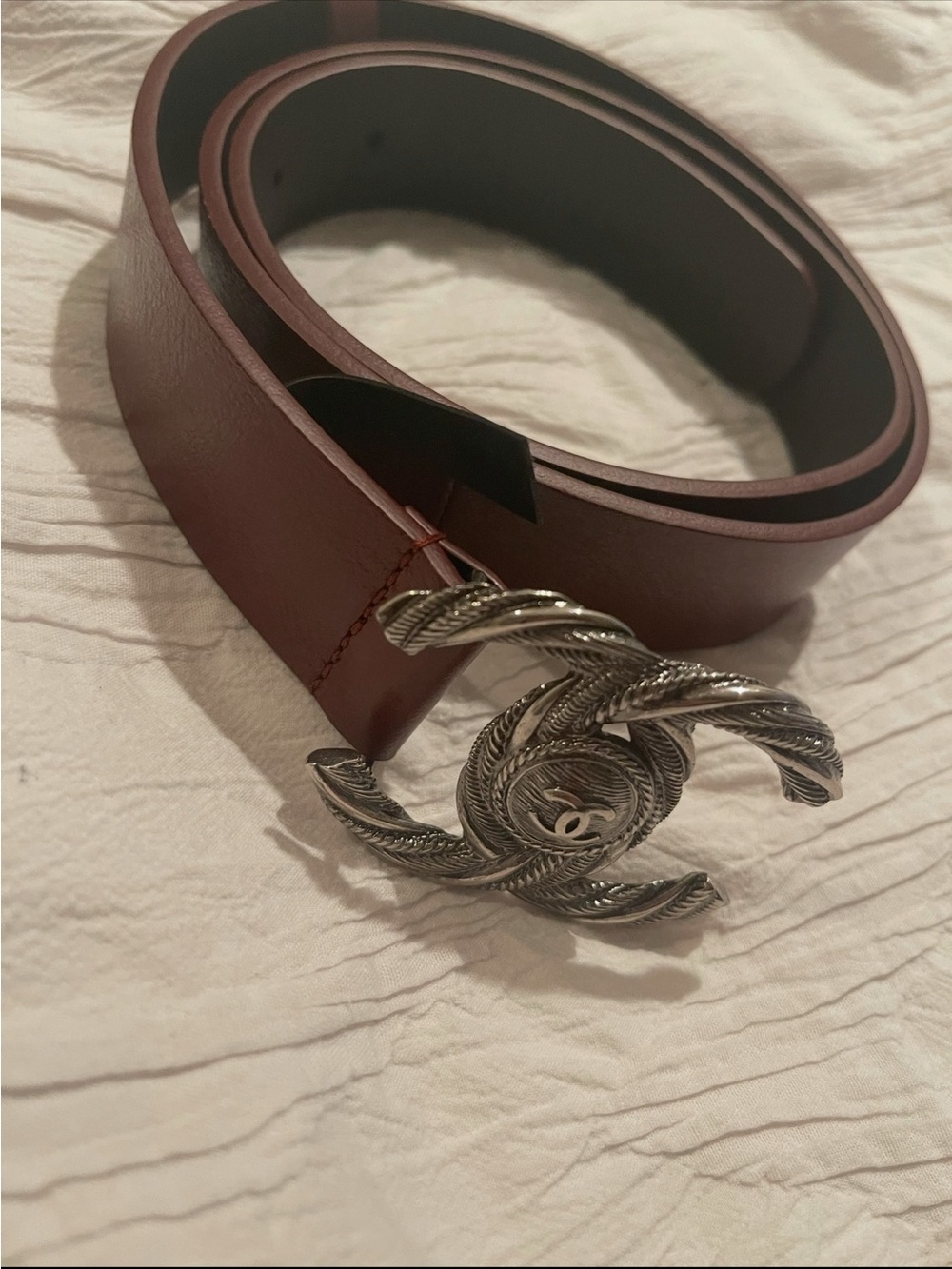 CHANEL Brown Leather Belt with Silver Interlocking CC Rope Buckle